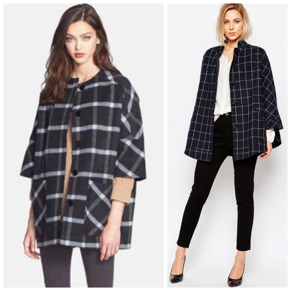 HELENE BERMAN LONDON 🍁 WOOL BLEND KIMONO COAT NAVY & WHITE LARGE CHECK - Picture 2 of 15